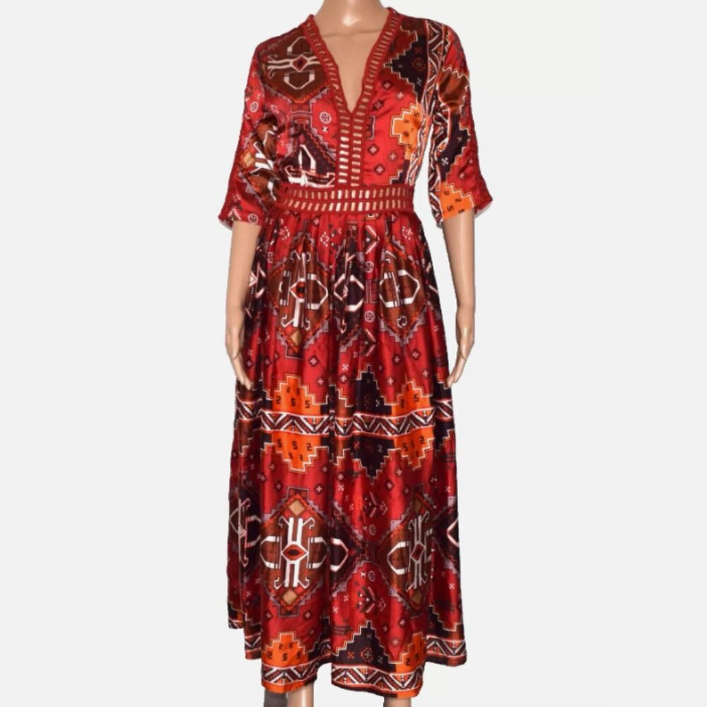 New DREAM Grace Red Lined Crochet 3/4 Sleeve Left Side Zipper Maxi Dress Size L
